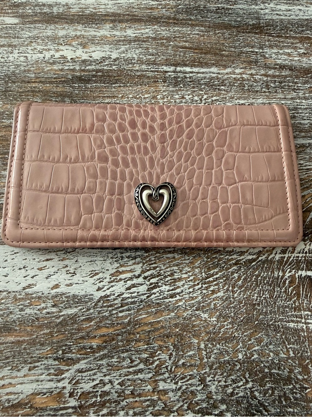 Brighton Pink Croc-Embossed Wallet with Silver Heart Accent